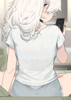 1girl black_choker bra_visible_through_clothes choker commentary dolphin_shorts from_behind glasses grey_shorts highres holding holding_phone indoors long_hair looking_at_phone meg_(wakamepiza) original panties panty_peek phone ponytail shirt short_sleeves shorts sitting solo symbol-only_commentary thighs underwear wakamepiza white_hair white_shirt yellow-framed_eyewear