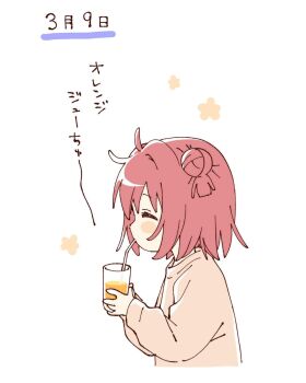 1girl ahoge akaza_akari blush_stickers closed_eyes closed_mouth cropped_torso cup drinking drinking_glass drinking_straw hair_bun hashtag-only_commentary highres holding holding_cup juice long_sleeves namori orange_juice red_hair shirt short_hair simple_background solo translation_request white_background yellow_shirt yuruyuri
