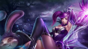 1girl armpits artist_request breasts cleavage cottontail_teemo crown dark_elementalist_lux detached_collar dress elementalist_lux glowing highres league_of_legends lux_(league_of_legends) medium_breasts outdoors purple_dress purple_eyes purple_hair side_ponytail teemo thighhighs