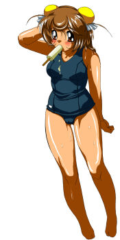 Rule 34 | 00s, blush, brown eyes, brown hair, bun cover, cameltoe, double bun, eyeball (artist), hamster no kurumi, highres, long image, popsicle, school swimsuit, sweat, swimsuit, tall image, tenshi no shippo