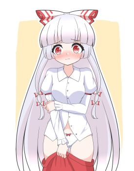 1girl blunt_bangs blush bow breasts clothes_pull collared_shirt commentary_request embarrassed fujiwara_no_mokou hair_bow hair_ribbon hand_on_own_arm highres long_hair long_sleeves medium_breasts panties pants pants_pull red_eyes red_pants ribbon shirt solo thighs touhou underwear very_long_hair white_hair white_panties white_shirt zenji029