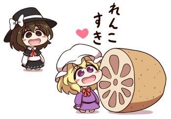 2girls black_capelet black_hat black_skirt blonde_hair blush_stickers bow bowtie brown_eyes brown_hair capelet chibi chibi_only commentary_request dress empty_eyes hat hat_bow heart highres long_hair long_sleeves lotus_root maribel_hearn mob_cap multiple_girls name_connection object_namesake open_mouth purple_dress purple_eyes red_bow red_bowtie ribbon-trimmed_capelet ribbon-trimmed_skirt ribbon_trim shirt shitacemayo simple_background skirt smile touhou translation_request usami_renko white_background white_bow white_hat white_shirt