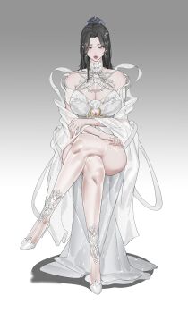 1girl absurdres bad_source bare_shoulders black_hair breasts crossed_legs dress earrings full_body gradient_background hair_ornament high_heels highres jewelry large_breasts long_hair mature_female original sensitive shan3143311380 sitting solo thighhighs thighs white_dress