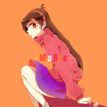 1girl brown_eyes brown_hair candy closed_mouth erchenger food gravity_falls hairband highres lollipop long_hair long_sleeves looking_at_viewer mabel_pines purple_skirt shirt sitting skirt smile sweater turtleneck very_long_hair