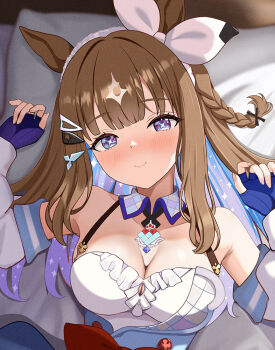 1girl almond_eye_(umamusume) animal_ears blue_eyes blue_gloves blush bow_hairband braid braided_sidelocks breasts brown_hair cleavage colored_inner_hair commentary_request fuyumisakura gloves hair_between_eyes hair_ornament hairband hairclip horse_ears horse_girl long_hair looking_at_viewer lying multicolored_hair on_back smile solo symbol-shaped_pupils too_many_hair_ornaments umamusume upper_body white_hairband x-shaped_pupils