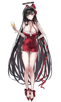 1girl absurdres alternate_costume bare_shoulders black_hair black_halo blue_archive breasts christmas commentary_request cup dress full_body halo high_heels highres holding holding_cup large_breasts long_hair looking_at_viewer mango_(mango0208) red_dress red_eyes rio_(blue_archive) simple_background solo thighs very_long_hair white_background