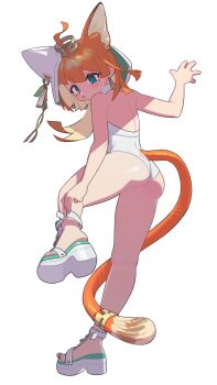 1girl absurdres ahoge animal_ear_hood animal_ears arav233 arknights cat_ears cat_girl commentary fake_animal_ears green_eyes highres hood jewelry long_hair orange_hair orange_tail papyrus_(arknights) simple_background solo tail tail_ornament tail_ring white_background