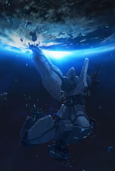 00s absurdres blue_theme damaged debris earth_(planet) floating highres hoshi_no_koe mecha no_humans planet revision robot space spoilers sun totuka