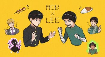 Rule 34 | 4boys, aura, balcony, black eyes, blank eyes, bowl cut, commentary, crossover, curry, flak jacket, food, formal clothes, gakuran, grey suit, hachimon (naruto), hairstyle connection, hand wraps, hashtag-only commentary, highres, il1023il, jacket, kageyama shigeo, kageyama shigeo (???), male focus, might guy, mob psycho 100, multiple boys, naruto (classic), naruto (series), necktie, open mouth, plate, pointing, purple necktie, reigen arataka, rock lee, school uniform, smile, suit, takoyaki