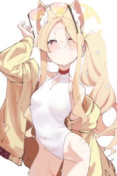 1girl above-cleavage_cutout animal_ear_fluff animal_ears blonde_hair blue_archive clothing_cutout commentary_request cross_halo diamond_cutout extra_ears fox_ears fox_girl halo highleg highleg_one-piece_swimsuit highres holding holding_removed_eyewear jacket looking_at_viewer mira_mira_mira off_shoulder one-piece_swimsuit open_clothes open_jacket orange-tinted_eyewear seia_(blue_archive) seia_(swimsuit)_(blue_archive) side_ponytail smile solo sunglasses swimsuit tinted_eyewear unworn_eyewear white_background white_one-piece_swimsuit yellow_halo yellow_jacket