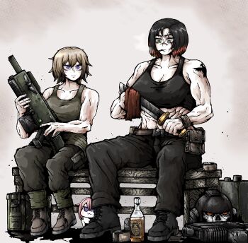 Rule 34 | 2girls, abs, adeptus astartes, alcohol, ammunition box, astra militarum, bench, black hair, black pants, bolter, brown hair, cadian shock troops, combat knife, doro (nikke), field ration, genderswap, genderswap (mtf), goddess of victory: nikke, green eyes, helmet, highres, imperium of man, knife, lasgun, multicolored hair, multiple girls, muscular, muscular female, octosoup, pants, polishing, purple eyes, red hair, scar, scar on face, scar on nose, service stud, silver templars, sitting, skull, tank top, tin (container), unworn headwear, unworn helmet, warhammer 40k, weapon