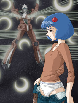 1980s_(style) 1girl bad_id bad_pixiv_id beam_spam belt blue_eyes blue_hair breasts clothes_pull covered_erect_nipples denim densetsu_kyojin_ideon hair_ornament hairclip ideon jeans kitty_kitten long_sleeves mecha oldschool open_belt open_fly panties pants pants_pull pulling_own_clothes retro_artstyle robot short_hair small_breasts space unbuckled unbuttoned underwear undressing unzipped white_panties zummy