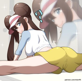 1girl ? absurdres ass blue_eyes blush breasts brown_hair donut_hair_bun double_bun flexible from_behind hair_bun highres kdtwifi large_breasts long_hair looking_at_viewer looking_back nintendo pokemon pokemon_bw2 raglan_sleeves rosa_(pokemon) shorts split thighs twintails very_long_hair visor_cap yellow_shorts zoom_layer