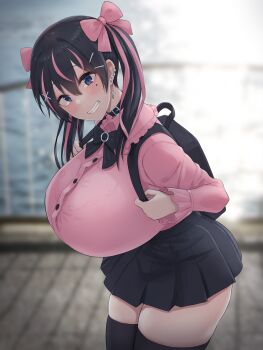 1girl backpack bag black_hair black_skirt black_thighhighs blurry blurry_background bow breasts bridge collared_shirt commentary_request ear_piercing earrings grin hair_between_eyes hair_bow hair_ornament highres huge_breasts jewelry jirai_kei long_hair long_sleeves looking_at_viewer mesugaki mole mole_under_eye natsuishi_nana original outdoors piercing pink_bow pink_hair pink_shirt pleated_skirt railing shirt skirt smile solo thighhighs twintails x_hair_ornament zettai_ryouiki