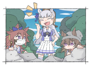 3girls :d ^_^ animal_ears beanie beer_hsk blue_bow blue_ribbon blue_sky bow brown_hair brown_hat closed_eyes cloud commentary_request day ear_bow ear_covers ear_ribbon ears_through_headwear frilled_skirt frills gold_ship_(umamusume) grey_hair grey_hat hair_between_eyes hand_on_own_hip hat horse_ears long_hair mask mini_hat mouth_mask multiple_girls nakayama_festa_(umamusume) open_mouth orfevre_(old_design)_(umamusume) outdoors pleated_skirt pointing puffy_short_sleeves puffy_sleeves purple_bow purple_eyes purple_shirt ribbon shirt short_sleeves skirt sky smile standing thighhighs umamusume v-shaped_eyebrows very_long_hair white_skirt white_thighhighs