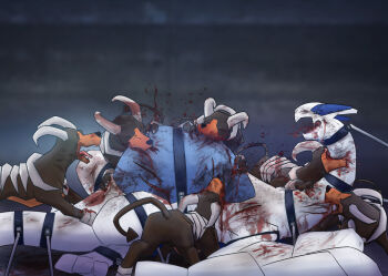 bite_mark biting blood blood_on_body blood_on_face blood_on_ground blood_splatter blood_spray blurry blurry_background bound bound_tail bound_torso bound_wings captured closed_eyes deep_wound dirt dirty dirty_face eating gen_2_pokemon guro houndoom injury legendary_pokemon lugia lying nintendo number178 on_back open_mouth outdoors pokemon pokemon_(creature) pokemon_focus predation restrained ryona screaming size_difference