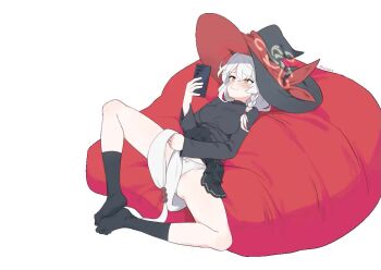 1girl animated black_hat black_shirt black_skirt black_socks blue_archive breasts cellphone closed_mouth clothes_lift eri_(blue_archive) full_body halo hat holding holding_phone large_breasts long_hair lying no_shoes on_back panties phone shirt simple_background simulated_masturbation skirt skirt_lift smartphone socks solo tagme thanabis underwear very_long_hair video white_background white_hair white_panties witch_hat yellow_eyes yellow_halo
