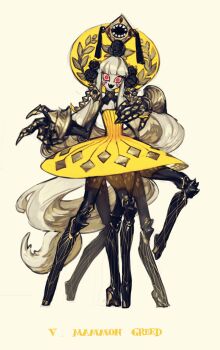 :d absurdly_long_hair blunt_bangs boots claws colored_sclera dress extra_legs fang fangs high_heel_boots high_heels highres long_hair looking_at_viewer low-tied_long_hair monster open_mouth original oversized_forearms oversized_limbs pigeon666 pink_sclera red_eyes seven_deadly_sins skin_fang smile solo very_long_hair white_hair wide-eyed yellow_dress