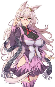 Rule 34 | 1girl, absurdres, ahoge, animal ears, biwa hayahide (pf. winning equation...) (umamusume), biwa hayahide (umamusume), black shirt, blazer, blush, breasts, clothing cutout, collared shirt, crown, dot nose, ear ornament, female focus, glasses, grey hair, grey tail, highres, hip vent, horse ears, horse girl, horse tail, huge breasts, jacket, large breasts, legs, long hair, long sleeves, looking at viewer, mini crown, miniskirt, neckerchief, no panties, nonnon (yudenonno), open mouth, pleated skirt, purple garter belt, purple garter straps, purple jacket, purple skirt, purple socks, purple thighhighs, purple vest, red neckerchief, semi-rimless eyewear, sexually suggestive, shirt, simple background, skirt, skirt cutout, socks, solo, solo focus, tail, thighhighs, thighs, umamusume, under-rim eyewear, very long hair, vest, white background, yellow eyes, zettai ryouiki