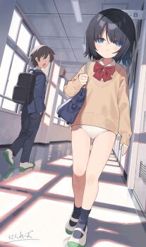 1boy 1girl absurdres bag black_hair black_pants black_socks blazer blue_eyes blue_jacket bow bowtie brown_hair brown_sweater closed_mouth collared_shirt commission expressionless faceless faceless_male hair_over_one_eye hallway highres indoors jacket loli long_sleeves nirareba no_pants open_mouth original panties pants puffy_long_sleeves puffy_sleeves red_bow red_bowtie school school_bag school_uniform shirt shoes skeb_commission sleeves_past_wrists small_sweatdrop socks sunlight sweat sweater underwear uwabaki walking white_panties white_shirt white_shoes window