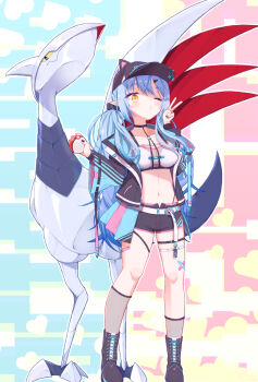 1girl animal_hat asymmetrical_legwear belt bird black_boots black_choker black_hat black_jacket black_shorts blue_hair boots braid breasts cat_hat choker cleavage closed_mouth collarbone commentary_request double-parted_bangs elf fishnet_socks fishnets full_body gen_2_pokemon hair_between_eyes hat highres holding holding_poke_ball hololive jacket kitsunetsuki_itsuki large_breasts long_hair long_sleeves looking_at_viewer low_twintails navel nintendo official_alternate_costume one_eye_closed open_clothes open_jacket pointy_ears poke_ball pokemon pokemon_(creature) short_shorts shorts side_braids skarmory socks stomach thigh_strap thighs twintails uneven_legwear v very_long_hair virtual_youtuber white_belt wide_sleeves yellow_eyes yukihana_lamy yukihana_lamy_(cyber)