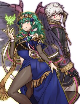 1boy 1girl black_gloves black_outline black_pantyhose blue_dress boots bow braid breasts cloak clothing_cutout crest_of_flames dragon_boy dress eyes_of_grima feathers female_byleth_(awakened)_(fire_emblem) female_byleth_(fire_emblem) female_byleth_(sothis_regalia)_(fire_emblem) fire_emblem fire_emblem:_three_houses fire_emblem_awakening gloves gold_trim green_eyes highres hood hood_down long_sleeves looking_at_viewer male_robin_(fire_emblem) male_robin_(grima)_(fire_emblem) male_robin_(grima)_(tyrant_of_ruin)_(fire_emblem) medium_breasts medium_hair nintendo outline pants pantyhose red_eyes ribbon short_hair smile white_background white_hair white_pants zuzu_(ywpd8853)