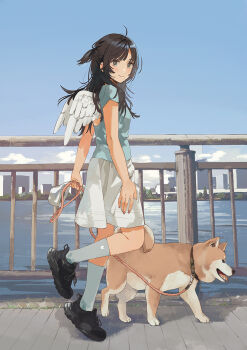 1girl black_hair black_shoes blue_shirt closed_mouth commentary_request day dog fly_(marguerite) grey_eyes half_updo long_hair original outdoors pet_walking railing shirt shoes sidelocks skirt sky socks solo white_skirt white_socks wings