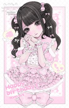 1girl aegyo_sal bare_shoulders black_eyes black_hair bow braid buruku_noa center_frills commentary_request crop_top cropped_legs eyelashes frilled_skirt frilled_wrist_cuffs frills hair_bow hair_intakes happy_birthday head_tilt highres looking_at_viewer medium_hair midriff motsu_(timotimo451) own_hands_clasped own_hands_together parted_bangs photo-referenced pink_bow pink_shirt pink_skirt real_life sample_watermark shirt short_sleeves sidelocks skirt skirt_bow solo twintails watermark watermark_grid white_bow wrist_cuffs