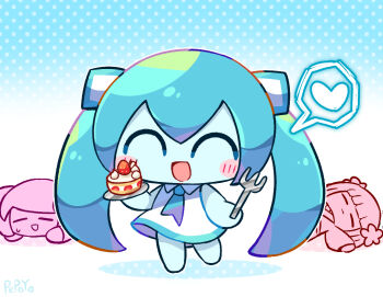 3girls :d ^_^ aqua_trim bare_arms bare_legs bare_shoulders barefoot blue_background blue_hair blue_necktie blue_skin blunt_bangs blunt_ends cake cake_slice chibi chibi_only closed_eyes collared_dress colored_skin commentary_request dress flower food fork fruit gradient_background hair_between_eyes hair_flower hair_ornament halftone halftone_background hatsune_miku heart holding holding_fork holding_plate japanese_clothes kimono long_hair long_sleeves lying multiple_girls necktie on_back on_stomach open_mouth outline pepoyo plate poyoroid short_hair simple_background sleeveless sleeveless_dress smile solo_focus spoken_heart standing standing_on_one_leg strawberry strawberry_cake sweatdrop tongue twintails utau very_long_hair vocaloid vy1 white_background white_dress white_outline