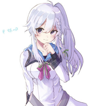 1girl 9-nine- ahoge arm_behind_back belt blush bow bowtie braid breasts clenched_hand closed_mouth commentary_request cowboy_shot dress green_ribbon grey_belt grey_hair hair_between_eyes hair_ribbon hakusen_academy_school_uniform hand_up highres imouto_day large_breasts long_hair long_sleeves looking_at_viewer niimi_sora pink_bow pink_bowtie purple_eyes retugo_asa ribbon school_uniform side_ponytail sidelocks simple_background single_braid smile solo split_mouth translated white_background white_dress wide_sleeves