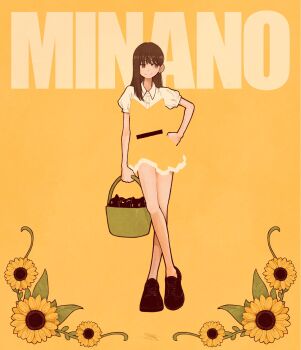 1girl bare_legs basket black_shoes blending brown_eyes brown_hair collared_shirt dress flower hair_behind_ear hand_on_own_hip highres holding holding_basket leaf long_hair original puffy_short_sleeves puffy_sleeves second-party_source shirt shoes short_sleeves signature solo sunflower syooooyoooo white_shirt yellow_background yellow_dress yellow_flower