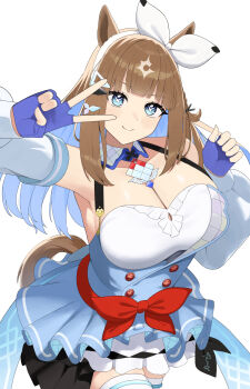 Rule 34 | 1girl, absurdres, almond eye (the changer) (umamusume), almond eye (umamusume), animal ears, armpits, bare shoulders, blue eyes, blue gloves, blue hair, blush, bow, breasts, brown hair, cleavage, closed mouth, commentary request, cross-shaped pupils, detached sleeves, dress, ekimiyaaa ja, fingerless gloves, gloves, highres, horse ears, horse girl, large breasts, long hair, long sleeves, looking at viewer, multicolored hair, puffy long sleeves, puffy sleeves, red bow, simple background, smile, solo, streaked hair, symbol-shaped pupils, umamusume, v, waist bow, white background, white dress, white streaks, x-shaped pupils