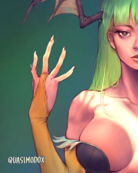 1girl absurdres black_leotard breasts bridal_gauntlets cleavage close-up darkstalkers expressionless green_hair head_wings highres large_breasts leotard lips long_hair looking_at_viewer morrigan_aensland off-shoulder_leotard portrait quasimodox solo split_crop straight-on wings