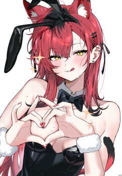 Rule 34 | 1girl, :3, animal ear fluff, animal ears, bare shoulders, black bow, black hair, black headband, black leotard, blush, bow, breasts, cat ears, closed mouth, commentary, detached collar, ear piercing, earrings, eyelashes, fake animal ears, fingernails, glint, hair between eyes, hair ornament, hair ribbon, hairclip, haze (7h4ze), headband, heart, heart on chest, highres, jewelry, leotard, long eyelashes, long fingernails, mole, mole on arm, mole on breast, multicolored hair, multiple moles, original, piercing, playboy bunny, rabbit ears, red hair, red nails, ribbon, roots (hair), signature, simple background, slit pupils, smile, solo, sparkle, tongue, tongue out, white background, wristband, x (symbol), yellow eyes
