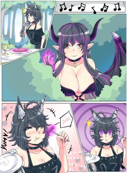 2girls absurdres adz19 animal_ear_fluff animal_ears aphrodisiac bandages black_hair blue_eyes breasts choker cleavage commission commissioner_upload crop_top curious demon_girl demon_wings eating glowing glowing_eyes highres kagan_luxuriosa kisu large_breasts magic mechanical_arms medium_breasts mind_control multiple_girls possessed purple_eyes purple_hair red_eyes single_mechanical_arm tank_top vrchat wings wolf_ears