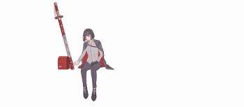 Rule 34 | 1girl, absurdres, ahemsehszlfmf, backpack, bag, black coat, black gloves, black hair, black pants, black shoes, coat, colored inner hair, gloves, hashtag-only commentary, highres, holding, holding weapon, invisible chair, lapels, limbus company, looking down, multicolored hair, notched lapels, ootachi, pants, project moon, randoseru, red coat, red eyes, red hair, ryoshu (project moon), shirt, shoes, short hair, single glove, sitting, smile, solo, translation request, two-sided coat, two-sided fabric, weapon, white shirt