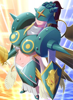 Rule 34 | 1girl, absurdres, angel, angel wings, armor, artificial wings, blonde hair, boobplate, breastplate, breasts, closed mouth, clothing cutout, commentary request, covered eyes, digimon, digimon (creature), dress, feathered wings, full body, golden wings, green armor, green helmet, green shoes, helmet, helmet over eyes, high heels, highres, holding, holding polearm, holding weapon, lance, large breasts, long hair, multiple wings, navel, ofanimon, polearm, shield, shoes, shoulder spikes, sidelocks, smile, solo, spikes, standing, stomach, stomach cutout, talkinghopper, weapon, white dress, wings
