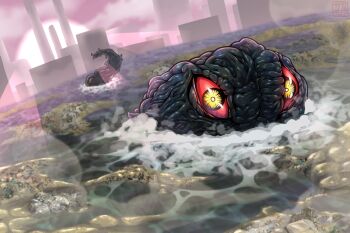 alien colored_sclera factory garbage giant giant_monster godzilla_(series) godzilla_vs._hedorah hedorah highres kaiju levanshousa913 looking_at_viewer monster no_humans ocean pollution red_sclera sewage slime_(creature) slime_(substance) smog smoke smokestack space_monster splashing swimming tail toho vertical_eyes water waves yellow_eyes