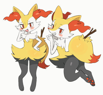 1girl animal_ear_fluff animal_ears animal_feet animal_nose batrobin_k black_fur blush blush_stickers body_fur braixen breasts fang feet fox_ears fox_girl fox_tail full_body furry furry_female gen_6_pokemon grin half-closed_eyes hand_on_own_hip hand_to_own_mouth hand_up happy legs looking_at_viewer multicolored_fur multiple_views neck_fur nintendo open_mouth pawpads pokemon pokemon_(creature) red_eyes simple_background small_breasts smile snout standing stick tail teeth thighs white_background white_fur yellow_fur
