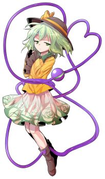 1girl alphes_(style) black_hat brown_shoes collared_shirt commentary_request contrast_collar dairi floral_print floral_print_skirt frilled_sleeves frills full_body green_hair hat hat_ribbon komeiji_koishi large_variant_set medium_hair own_hands_together parody print_skirt ribbon shirt shoes skirt solo style_parody tachi-e tears third_eye torn_clothes touhou transparent_background variant_set wide_sleeves yellow_ribbon yellow_shirt