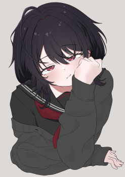 1girl :/ absurdres ahoge black_cardigan black_hair black_serafuku blush cardigan cheek_rest head_tilt highres kisaragi_ren_(5th_costume)_(vspo!) kisaragi_ren_(vspo!) looking_at_viewer medium_hair neckerchief red_eyes red_neckerchief school_uniform serafuku single_off_shoulder solo suisei_manuka virtual_youtuber vspo!