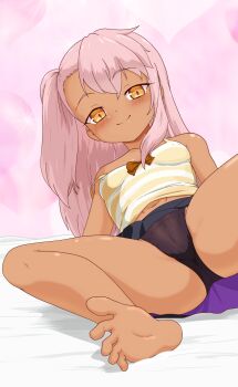 1girl bare_shoulders barefoot black_panties black_skirt blush breasts cameltoe camisole chloe_von_einzbern dark-skinned_female dark_skin day_dreamer fate/kaleid_liner_prisma_illya fate_(series) highres loli long_hair looking_at_viewer miniskirt navel one_side_up orange_eyes panties pink_hair skirt small_breasts smile solo spread_legs stomach_tattoo striped_camisole tattoo underwear yellow_camisole