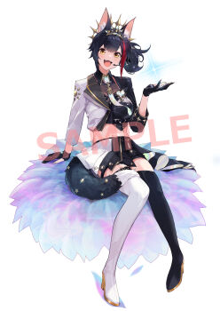 1girl :d absurdres animal_ear_fluff animal_ears asymmetrical_footwear black_boots black_gloves black_hair black_shirt black_skirt boots brooch collared_shirt commentary_request commission cropped_jacket cropped_shirt full_body gloves gold_tiara heart heart-shaped_gem heart_brooch highres hololive jacket jewelry looking_at_viewer menomeno_draw midriff mismatched_footwear multicolored_hair multicolored_jacket navel official_alternate_costume official_alternate_hairstyle ookami_mio ookami_mio_(our_sparkle) open_mouth partially_fingerless_gloves pleated_skirt red_hair sample_watermark shirt short_hair side_ponytail simple_background sitting skirt smile solo streaked_hair thigh_boots two-tone_jacket two-tone_skirt virtual_youtuber watermark white_background white_boots white_skirt wolf_ears wolf_girl yellow_eyes