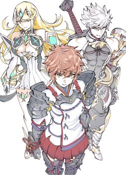 1boy 2girls addam_origo armor armored_boots bare_shoulders black_gloves blonde_hair boots breasts brown_hair cleavage cleavage_cutout closed_mouth clothing_cutout commentary_request dress earrings elbow_gloves fingerless_gloves floating_earrings full_body gauntlets gloves greatsword greaves grey_hair hand_on_own_hip highres hip_vent jewelry large_breasts looking_at_viewer lora_(xenoblade) multiple_girls muscular muscular_male mythra_(xenoblade) pauldrons pleated_skirt red_skirt short_dress short_hair shoulder_armor simple_background single_pauldron skirt smile solo spiked_hair standing swept_bangs sword thigh_strap tiara ug333333 weapon weapon_on_back white_background white_boots white_dress white_gloves xenoblade_chronicles_(series) xenoblade_chronicles_2 xenoblade_chronicles_2:_torna_-_the_golden_country yellow_eyes