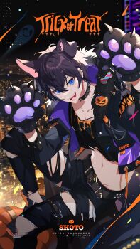 1boy absurdres animal_ears animal_hands black_choker blue_eyes character_name choker dog_boy dog_ears dog_paws earrings gloves happy_halloween highres hp_(3000x4500) indie_virtual_youtuber jack-o&#039;-lantern jewelry male_focus navel open_mouth pants paw_gloves shoto_(vtuber) torn_clothes torn_pants trick_or_treat virtual_youtuber