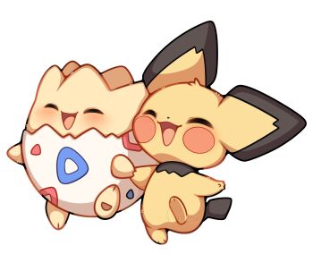 Rule 34 | blush, closed eyes, commentary, egg, english commentary, gen 2 pokemon, highres, holding, holding hands, nintendo, no humans, open mouth, pichu, pokemon, pokemon (creature), pokemon focus, sevi (seviyummy), simple background, smile, togepi, white background