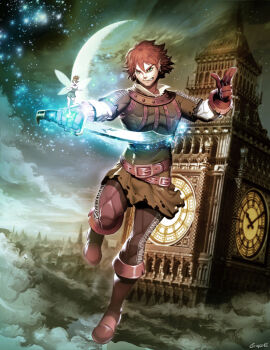 1boy black_footwear boots brown_hair bug dress fairy feathers fly fly_agaric genzoman green_dress green_eyes green_hat green_shirt green_tunic hat hat_feather holding holding_sword holding_weapon inker_bell_(novel_character) insect leaf moon mushroom peter_pan_(novel) pointy_ears red_feathers shirt short_hair size_difference sword tinker_bell_(disney) toon_(style) tunic walt_disney&#039;s_peter_pan watermark weapon