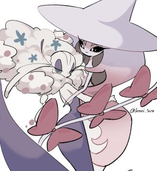 2girls alternate_color black_sclera blue_eyes bow closed_mouth colored_sclera colored_skin eyeshadow florges florges_(white_flower) flower gen_6_pokemon gen_8_pokemon grey_hair hat hatterene highres hug long_hair looking_at_viewer makeup monster_girl multicolored_hair multiple_girls nintendo pink_bow pink_hair plant_girl pokemon pokemon_(creature) prehensile_hair purple_eyeshadow shiny_pokemon simple_background standing torori_toro_(oimo_kenpi) upper_body white_background white_eyes white_flower white_hair white_skin witch_hat