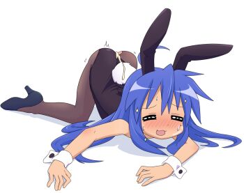1girl afterglow aftersex ass bent_over blue_hair blush cum cum_on_ass cum_on_body cum_on_clothes closed_eyes facing_viewer female_focus full_body izumi_konata long_hair lucky_star not_call pantyhose playboy rabbit_ears simple_background solo sweat torn_clothes very_long_hair