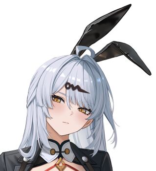 Rule 34 | 1girl, ahoge, alternate costume, animal ear hairband, animal ears, black jacket, closed mouth, commentary request, fake animal ears, gaitoou, hair between eyes, hair ornament, hairband, hairpin, half-closed eyes, head tilt, highres, jacket, long hair, looking to the side, playboy bunny, portrait, rabbit ear hairband, rabbit ears, simple background, single hair intake, solo, white background, white hair, yellow eyes, yixuan (zenless zone zero), zenless zone zero